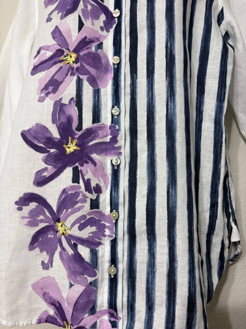 Chico’s Button-Down Linen Shirt with Purple Floral & Navy Stripe Roll Tab Sleeve - Picture 5 of 15